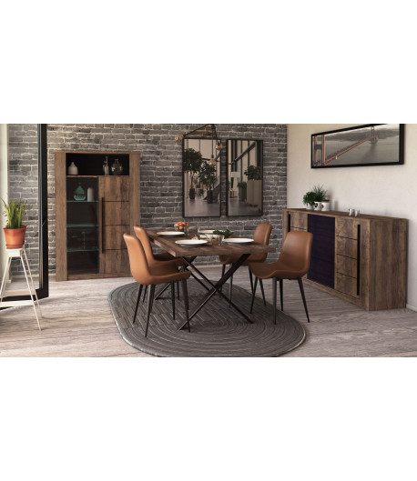 Séjour tidy-home menton : Buffet + Table 180cm fixe chene foncé industriel